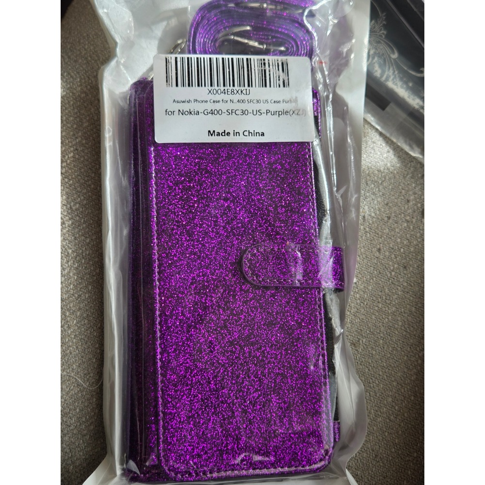 Asuwish Purple Glitter Wallet Case for‎ Nokia G400 Crossbody Strap Zipper Pocket